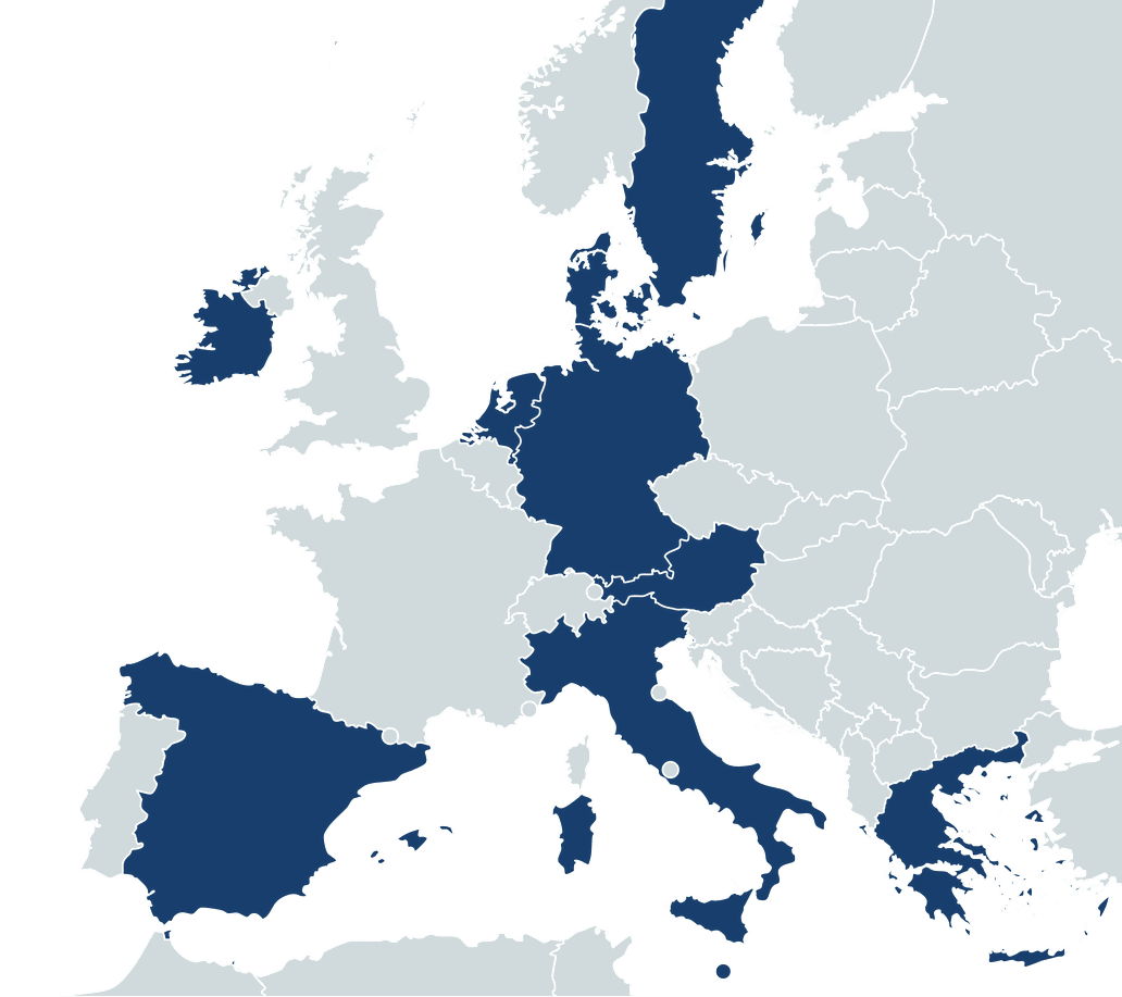 Map of Europe visualising the jurisdictions where audit services are offered: Austria, Denmark, Germany, Greece, Ireland, Italy, Malta, the Netherlands, Spain, and Sweden