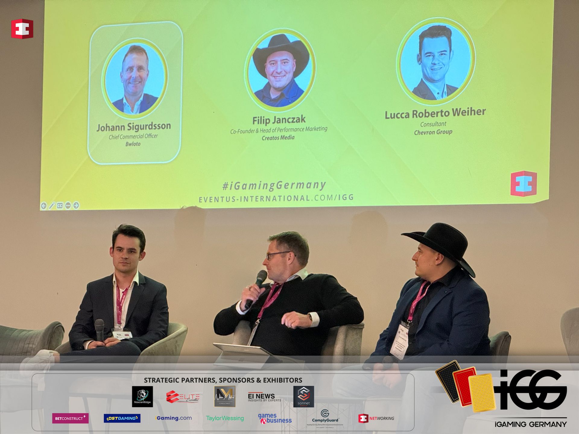 Speakers during a panel discussion at iGaming Germany event in Frankfurt