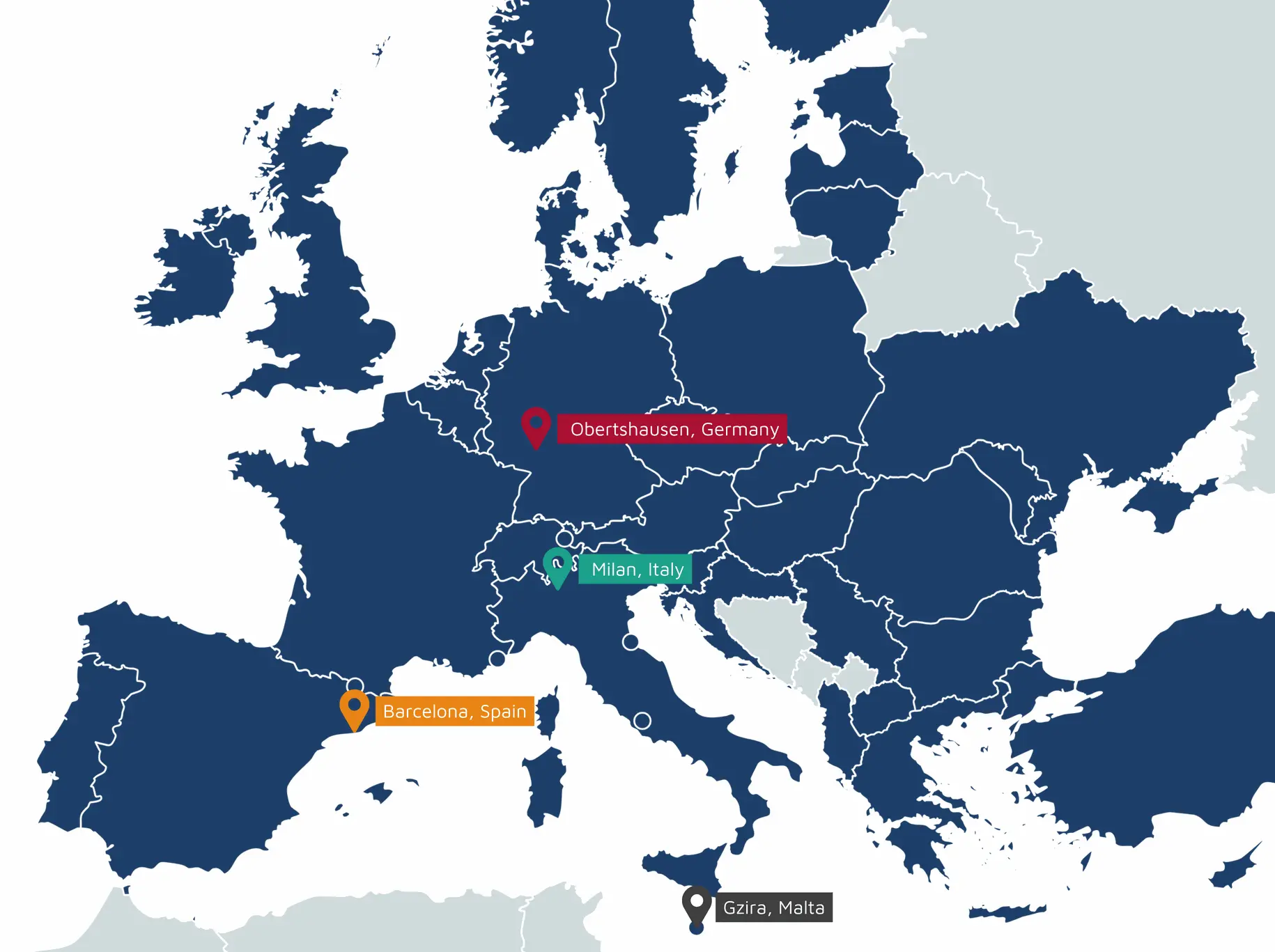 Map of Europe with locations of Chevron Group's offices in Obertshausen (Germany), Milan (Italy), Barcelona (Spain) and Gzira (Malta)