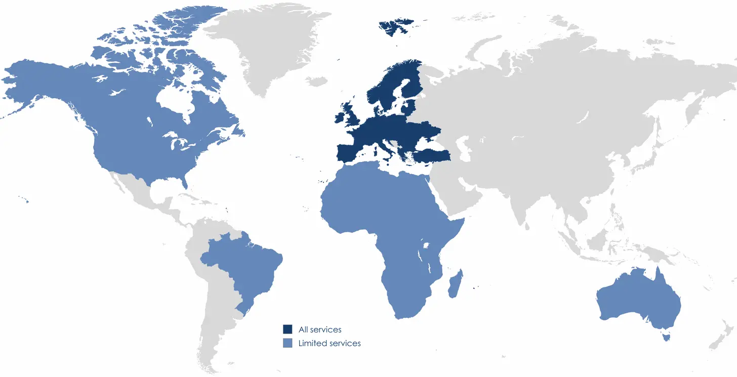 Global map with jurisdictions: all services available in European Union, UK, Norway, Turkey and Armenia while limited services available in USA, Canada, Brazil, Curacao, Australia and Africa