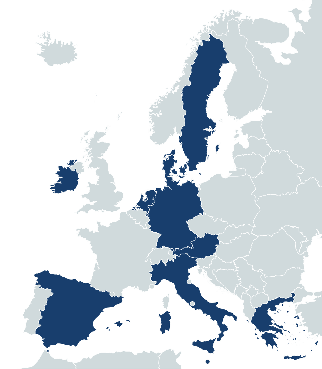Map of Europe visualising the jurisdictions where audit services are offered: Austria, Denmark, Germany, Greece, Ireland, Italy, Malta, the Netherlands, Spain, and Sweden